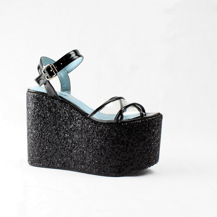 Black Shinny Wedge Platform Sandals - Tajna Club