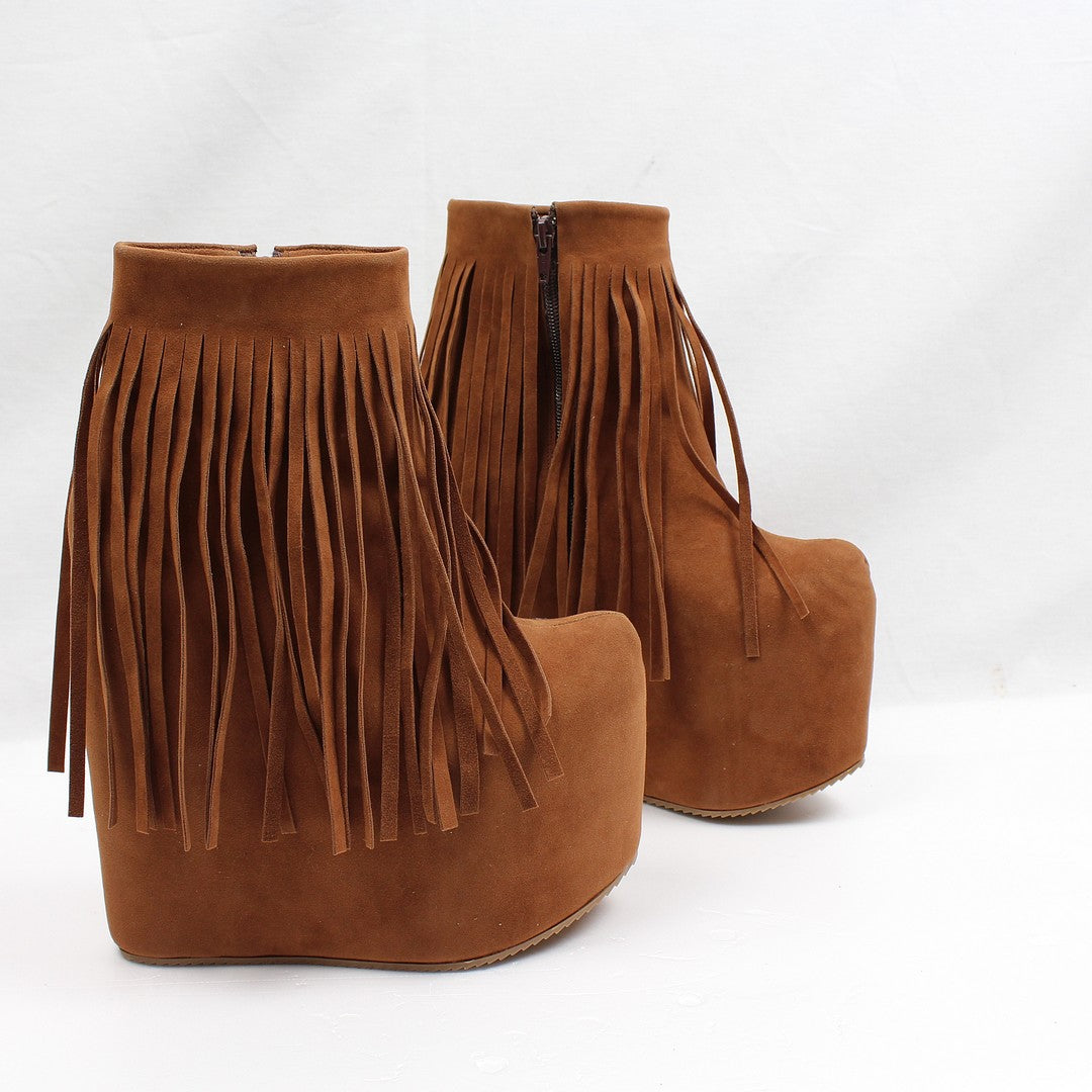Brown Fringe High Heel Wedge Booties - Tajna Club