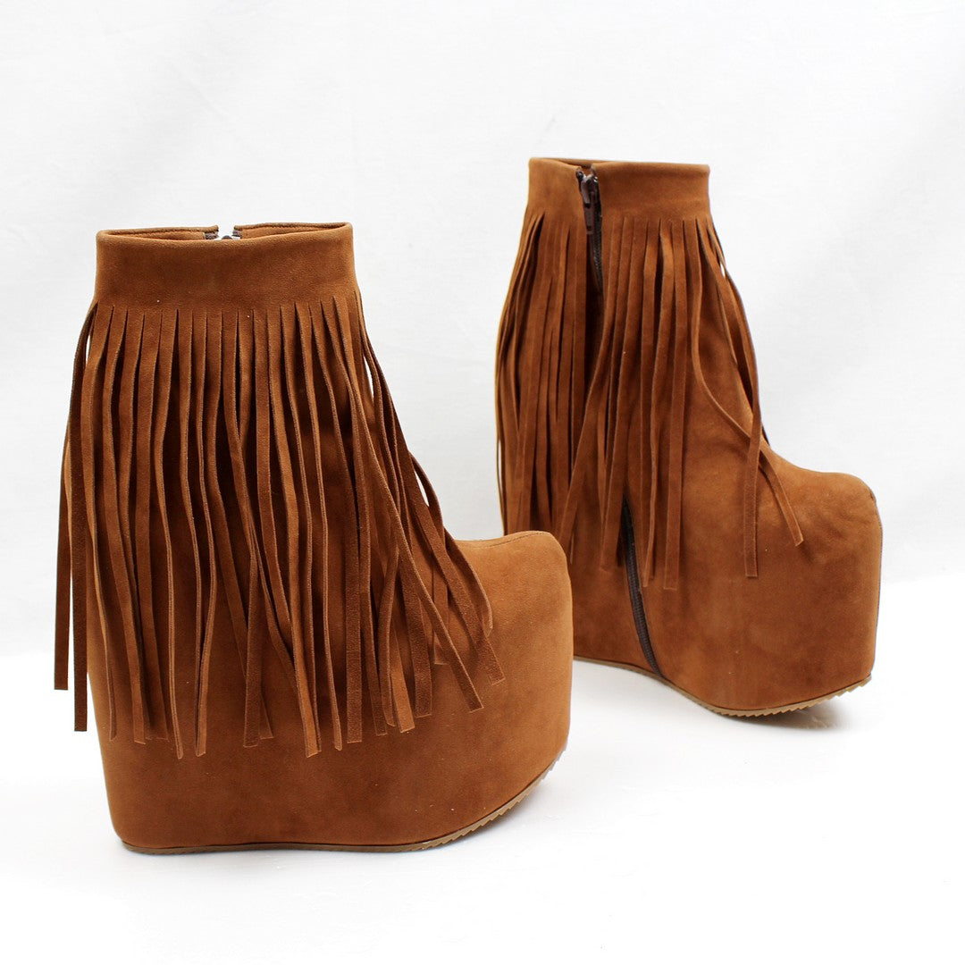 Brown Fringe High Heel Wedge Booties - Tajna Club