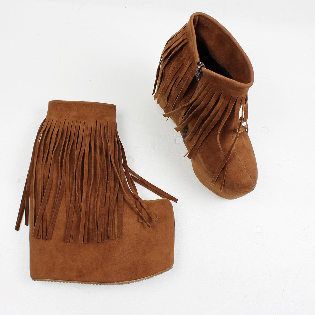Brown Fringe High Heel Wedge Booties - Tajna Club