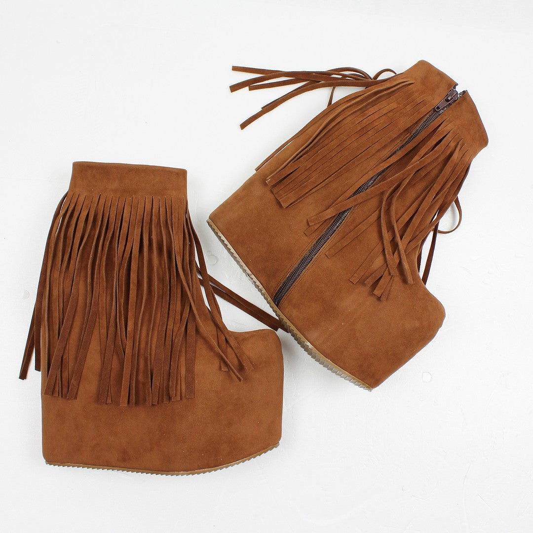 Brown Fringe High Heel Wedge Booties - Tajna Club