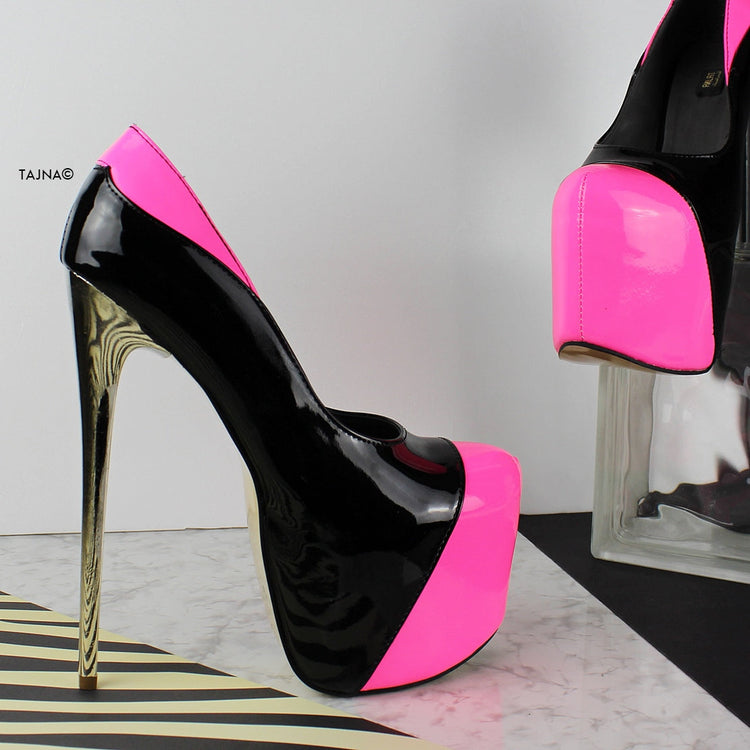 Neon Pink Black High Heel Platform Pumps - Tajna Club