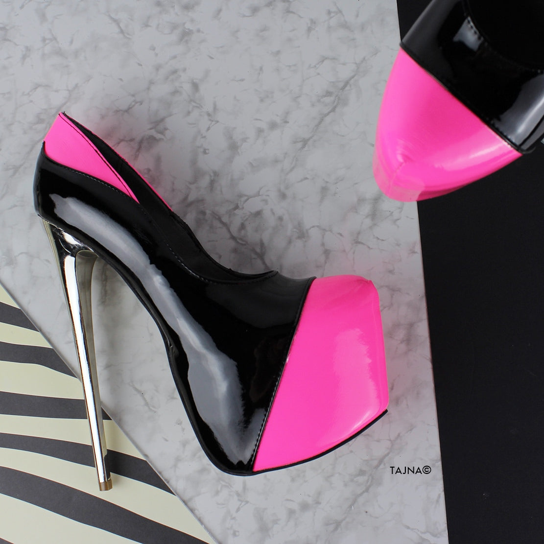 Neon Pink Black High Heel Platform Pumps - Tajna Club