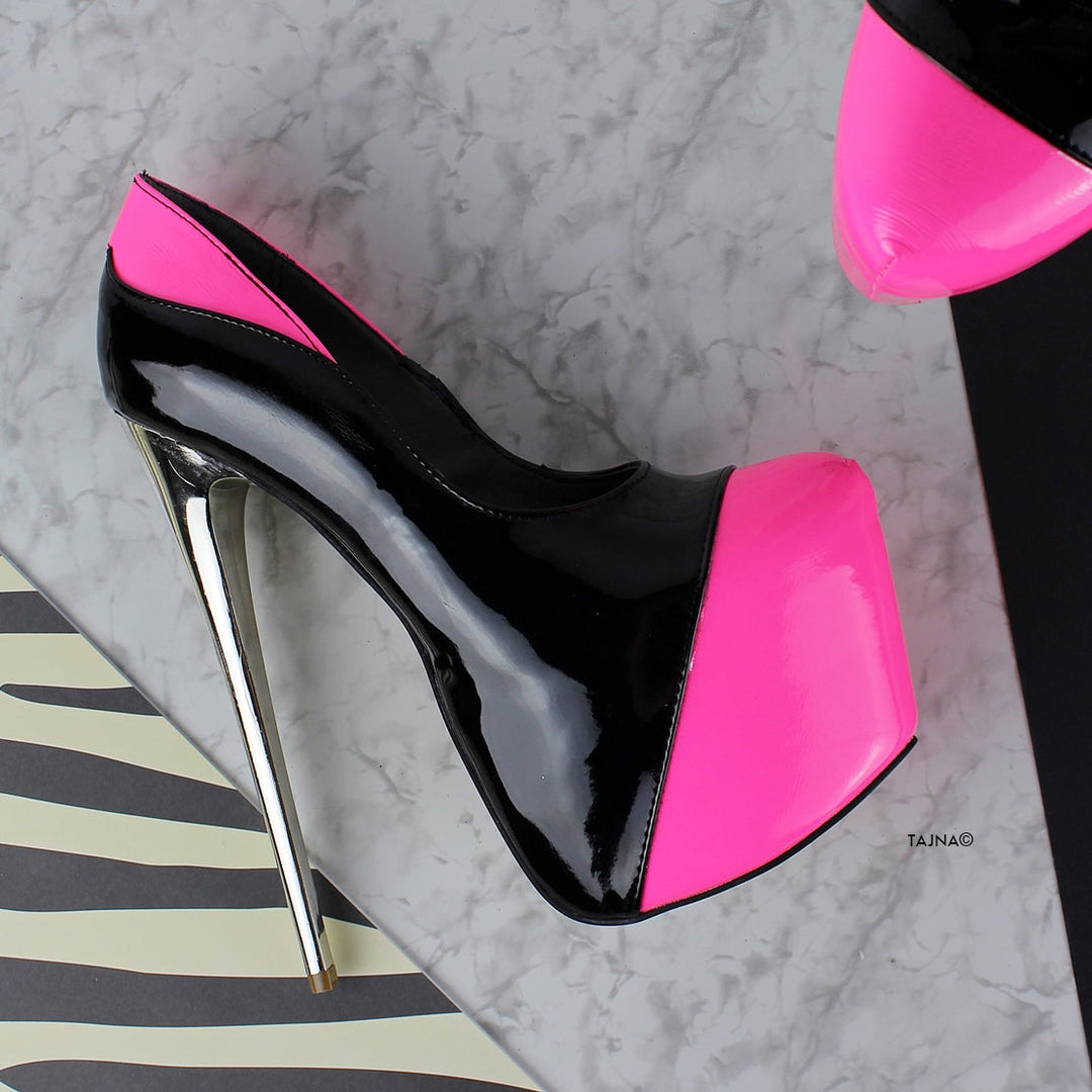 Neon Pink Black High Heel Platform Pumps - Tajna Club