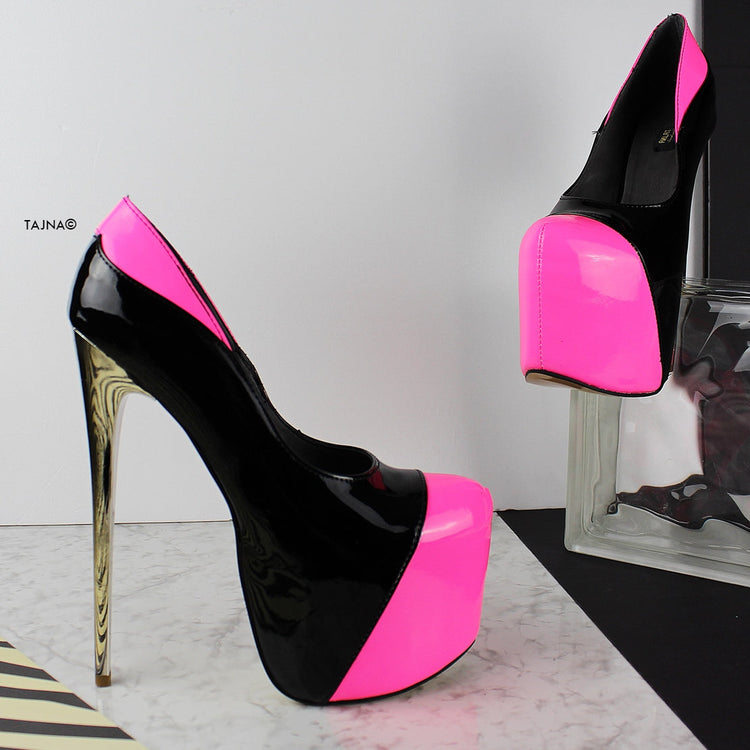 Neon Pink Black High Heel Platform Pumps - Tajna Club