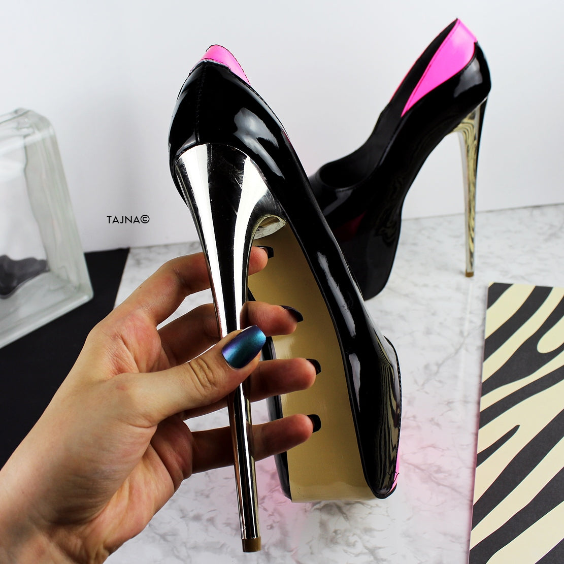 Neon Pink Black High Heel Platform Pumps - Tajna Club