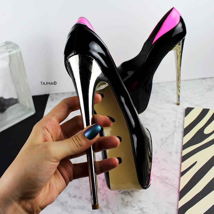 Neon Pink Black High Heel Platform Pumps - Tajna Club