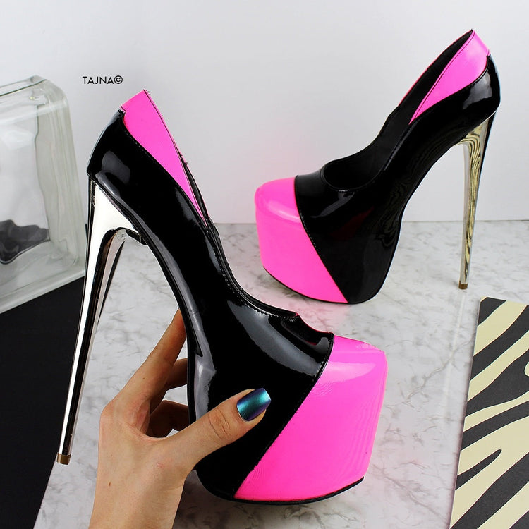 Neon Pink Black High Heel Platform Pumps - Tajna Club
