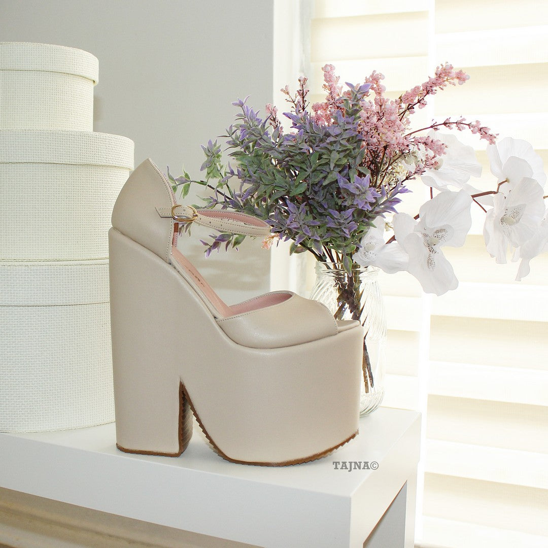 Cream Peep Toe Ankle Strap Platform Wedge Shoes - Tajna Club