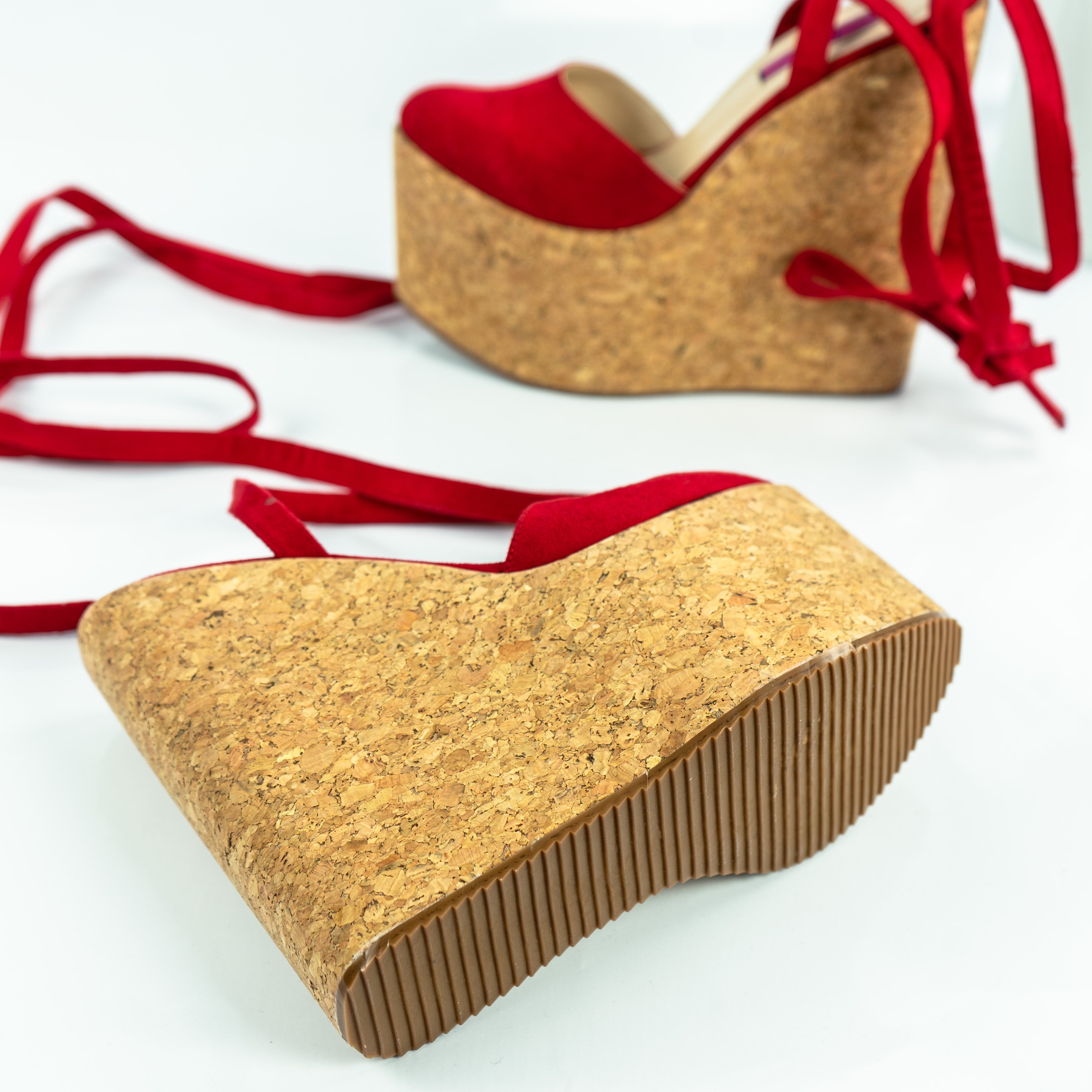 Red Suede Cork Wedge Lace Up Sandals - Tajna Club