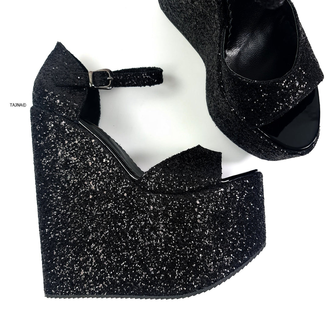 BLACK SPARKLE WEDGE PLATFORM SANDALS