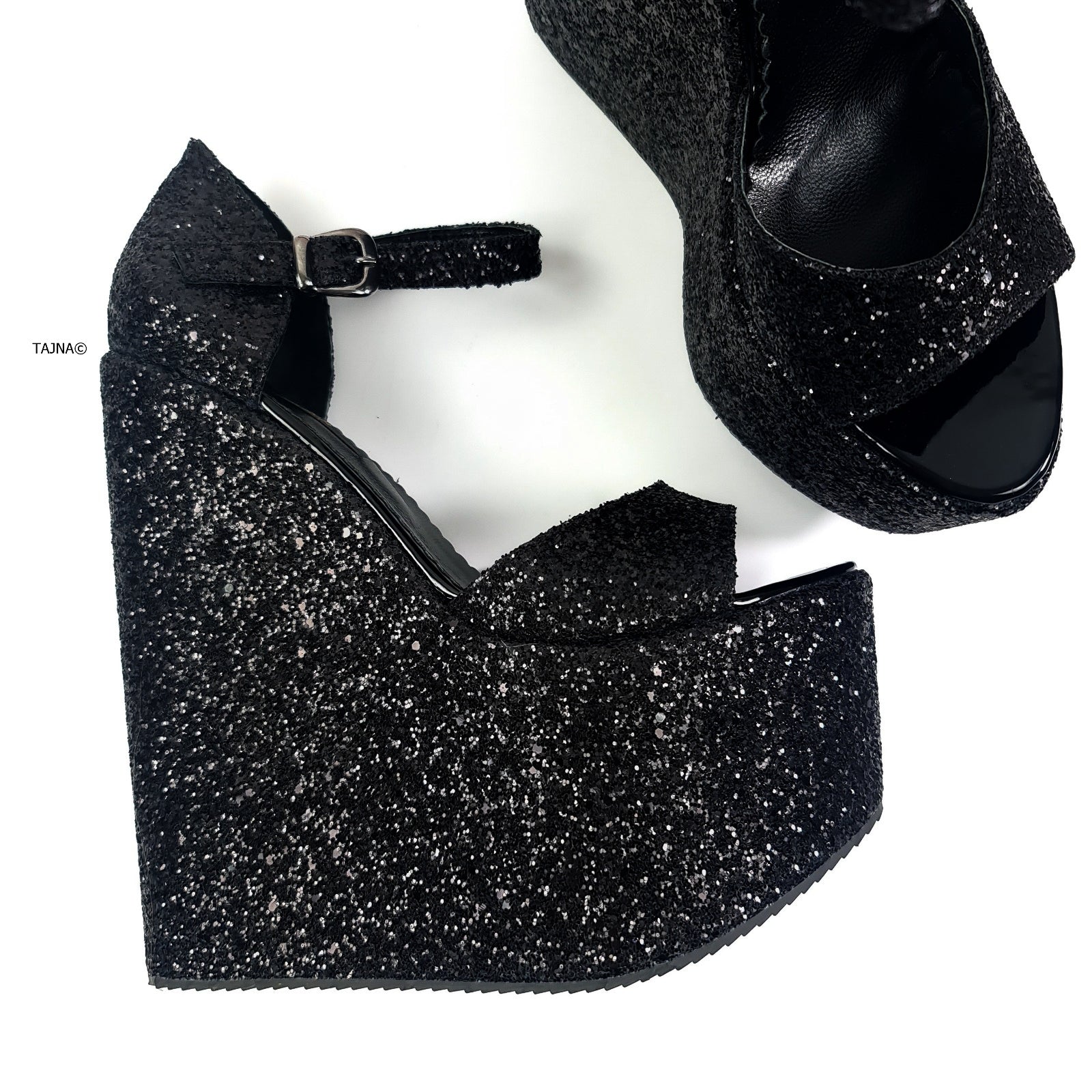 BLACK SPARKLE WEDGE PLATFORM SANDALS