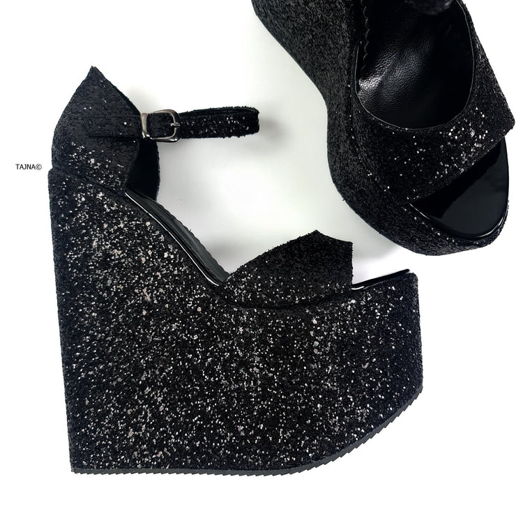 BLACK SPARKLE WEDGE PLATFORM SANDALS