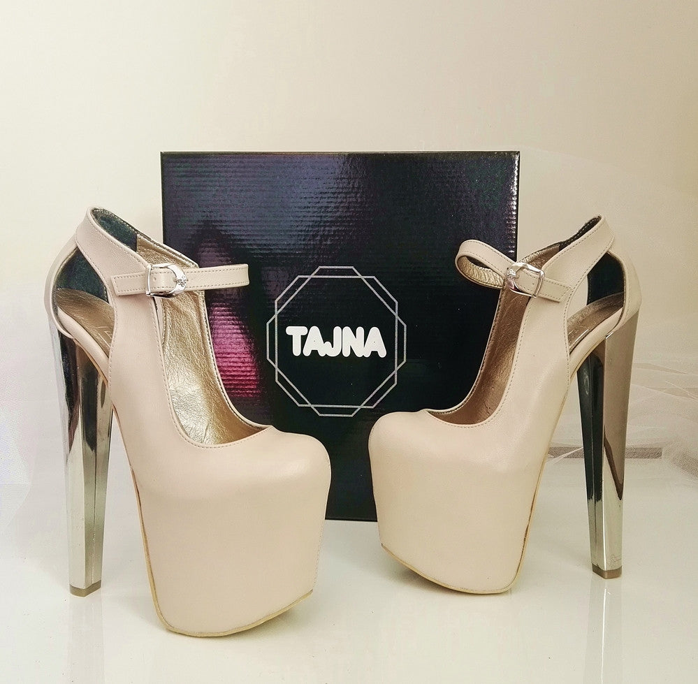 Cream Platform Ankle Strap Silver High Heels - Tajna Club