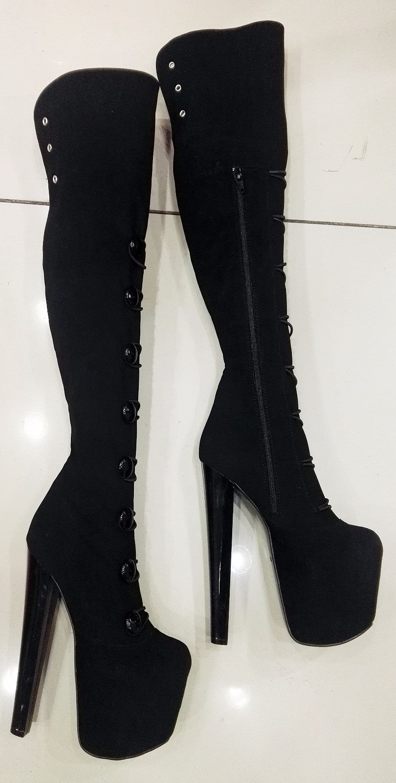 Black Faux Suede Over Knee High Platform Boots High Heel Shoes - Tajna Club