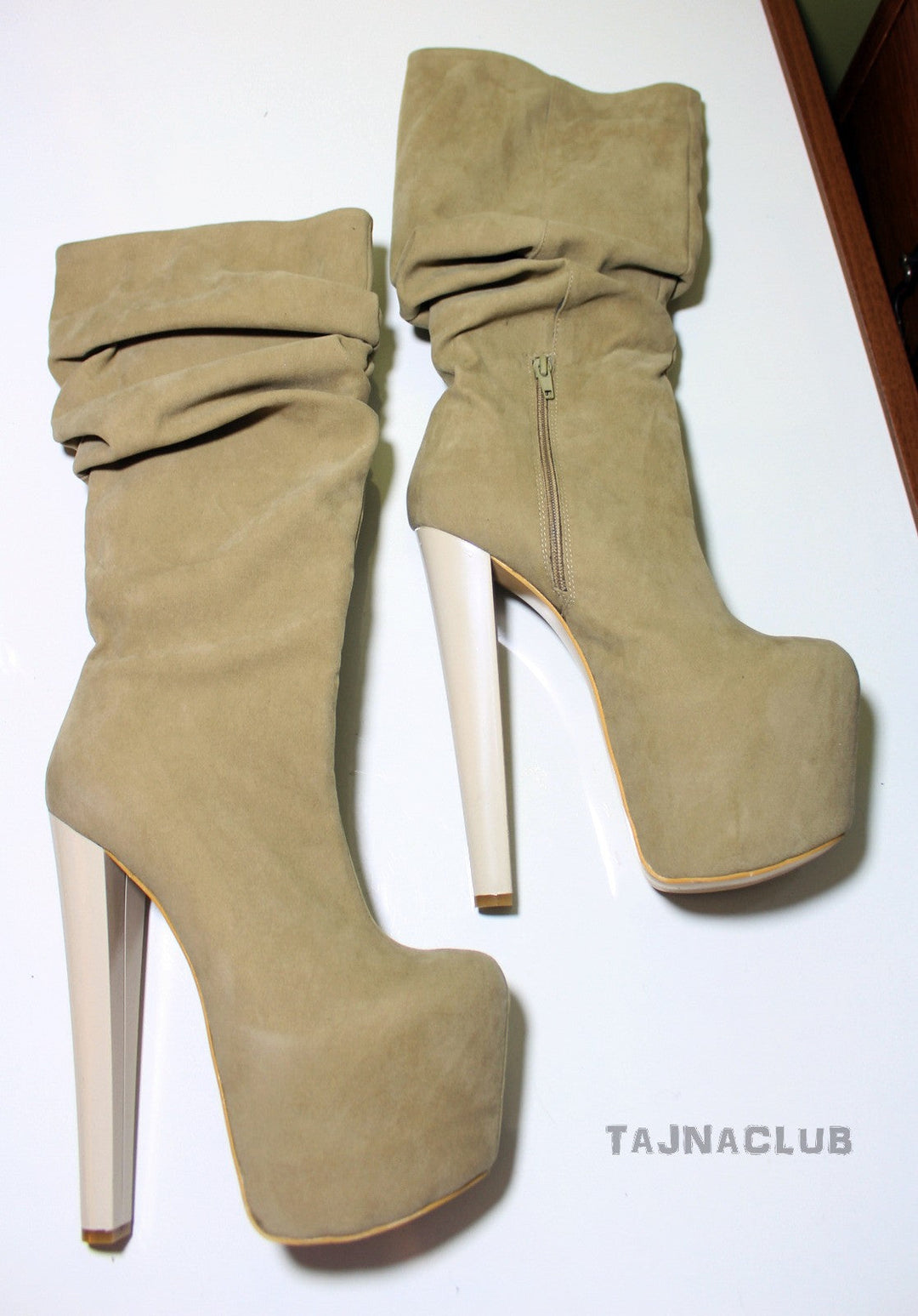 Beige Suede Mid Calf Platform High Heel Boots - Tajna Club