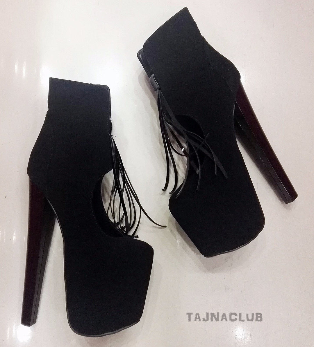 Black Suede Fringe Platform High Heel Boots - Tajna Club