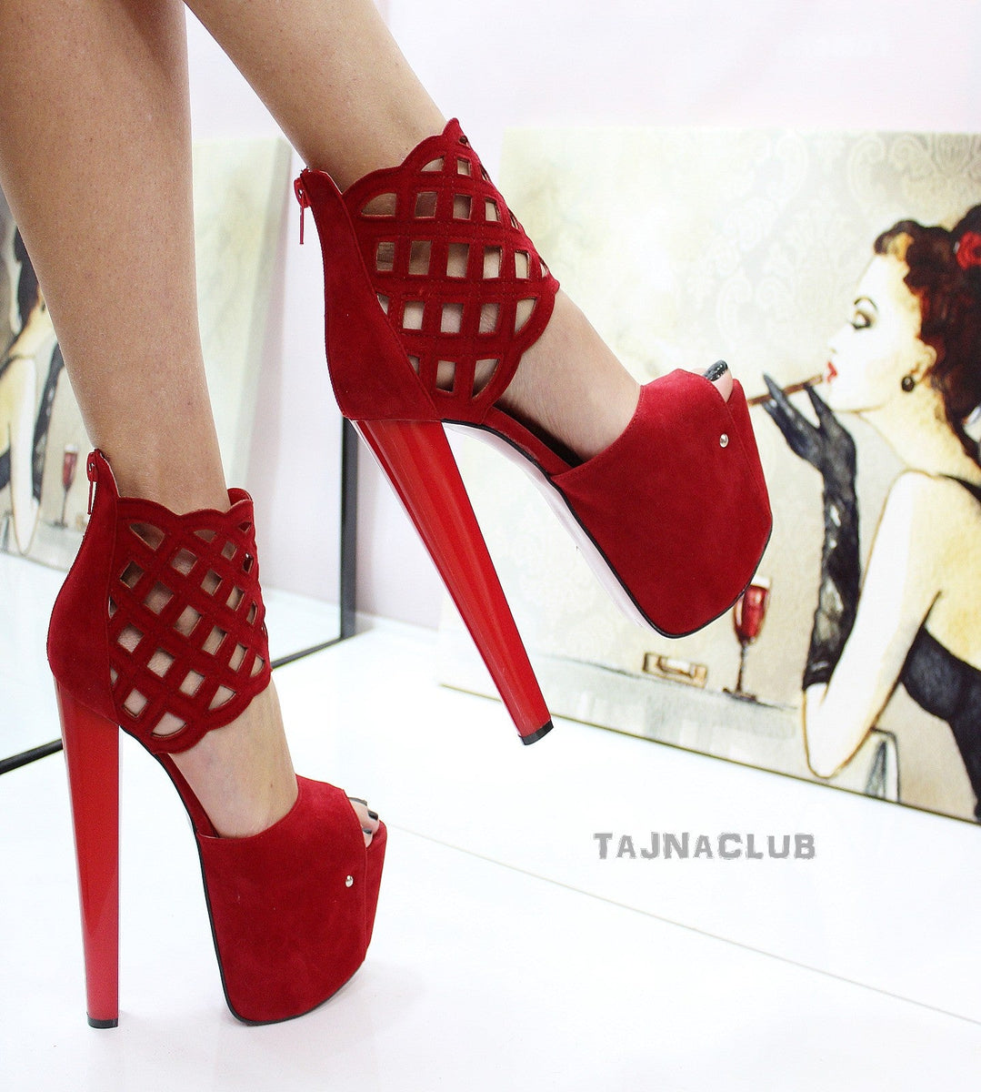 Red Suede Peep toe Platform High Heels Tajna Shoes Tajna Club