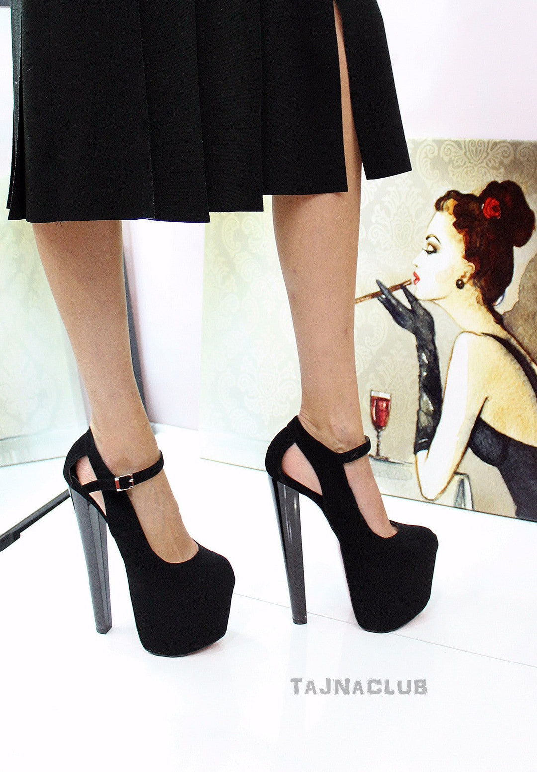 Black Suede Ankle Strap Platform High Red Heels - Tajna Club