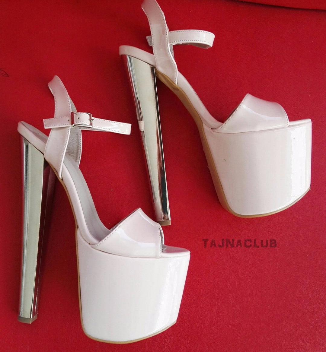White Ankle Strap Metallic High Heels - Tajna Club