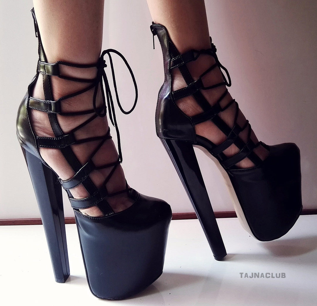Black Lace Up Caged Platform High Heels - Tajna Club