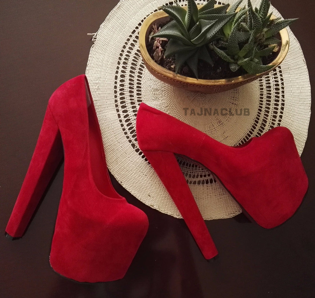 Red Suede Sexy Platform High Heels - Tajna Club