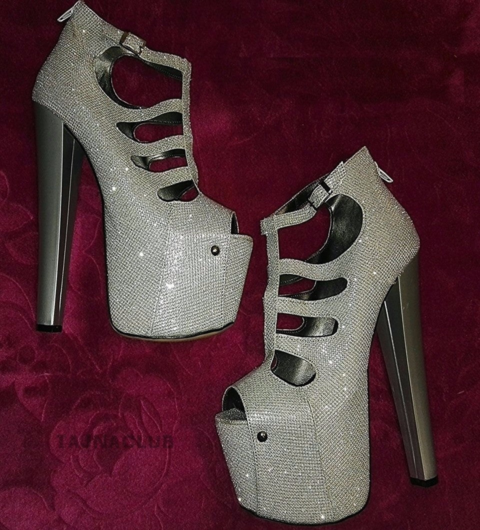 Silvery Caged Bandage Peep toe Platform High Metallic Heels - Tajna Club