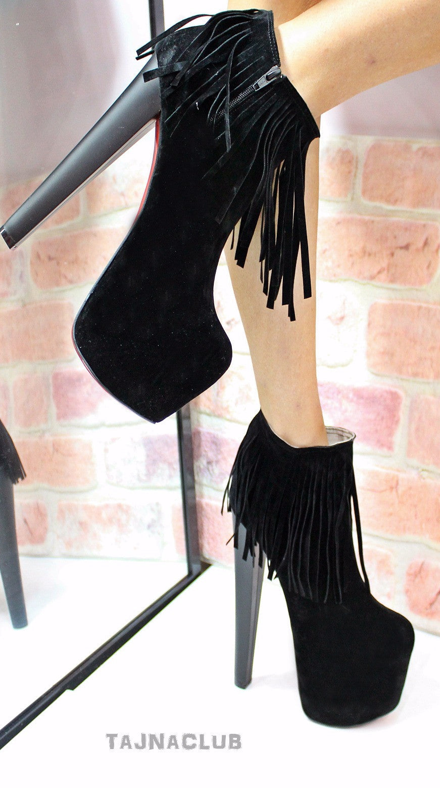 Black Suede Fringe Ankle Boots Platform High Heel Shoes - Tajna Club
