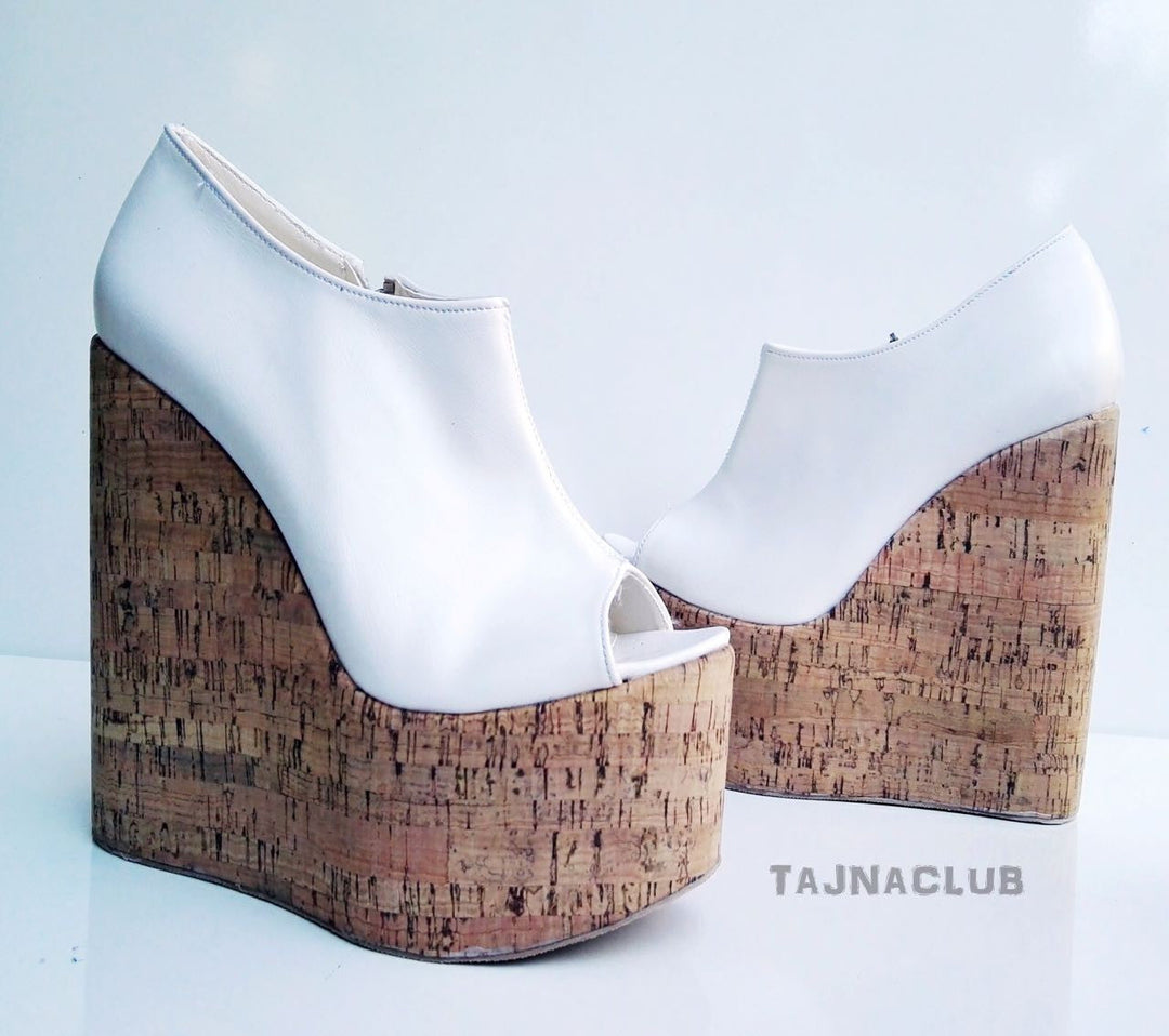 Peeptoe Booties Wedge Heel White Platform High Heels Shoes - Tajna Club