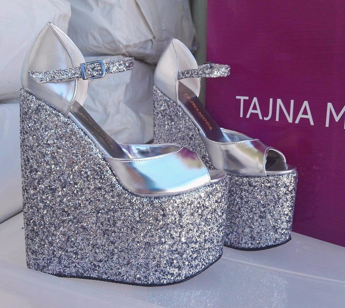 Silver glitter wedge heels top
