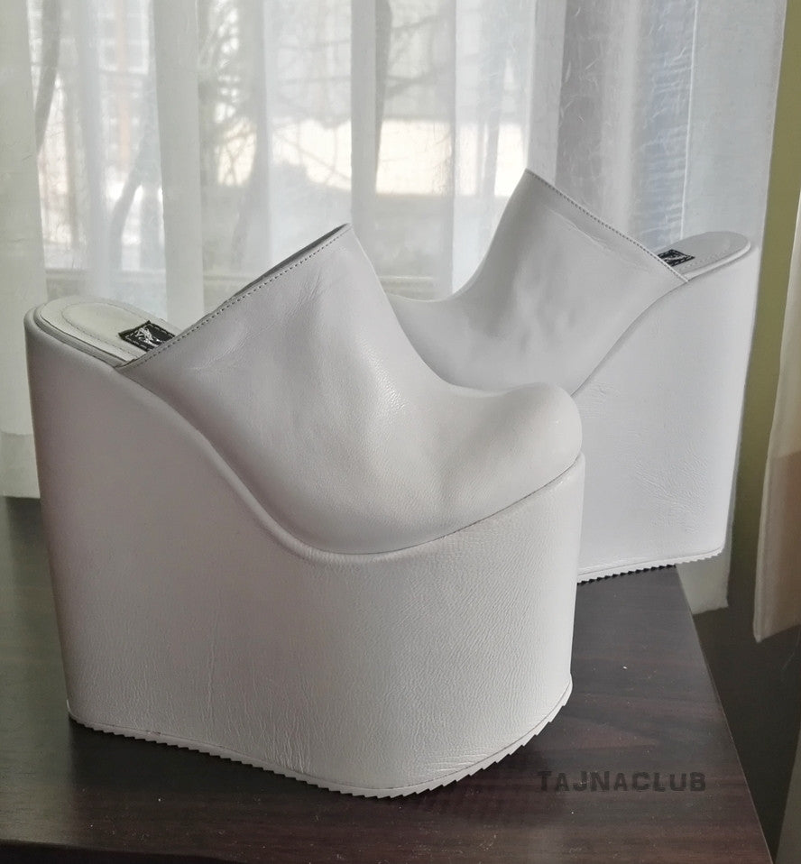 Mules White Wedge Heel Platform High Heels Shoes - Tajna Club