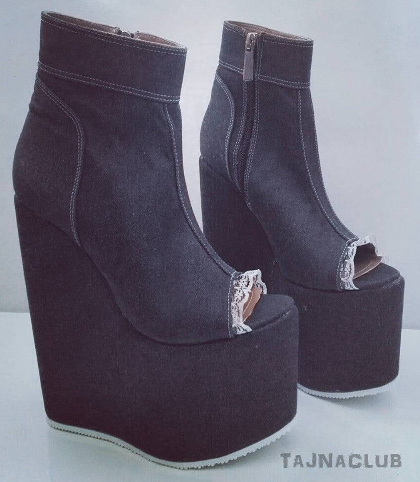 Booties Peeptoe Denim Wedge Heel Platform High Heels Shoes - Tajna Club