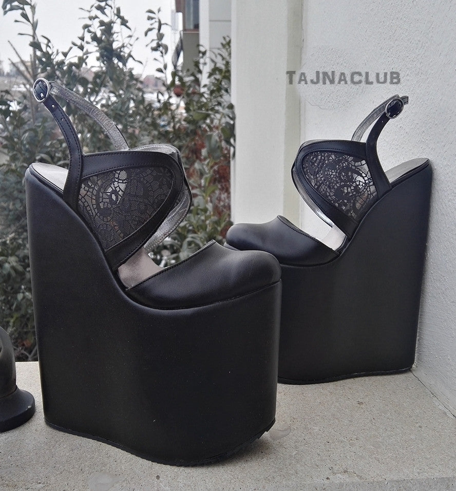Sandals Lace Black Wedge Heel Platform High Heels Shoes - Tajna Club