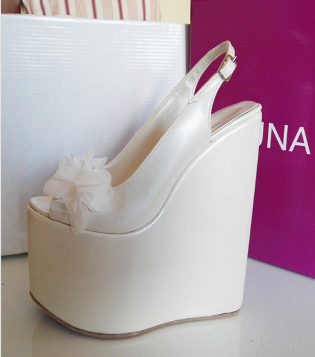 Wedding Peeptoe Flower Wedge Heel Black Platform High Heels Shoes - Tajna Club