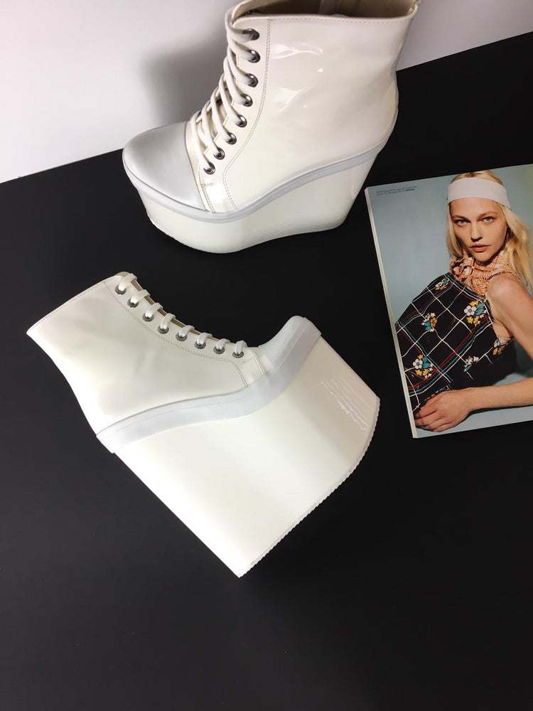Stylish White Lace Up Ankle Wedge Booties - Tajna Club