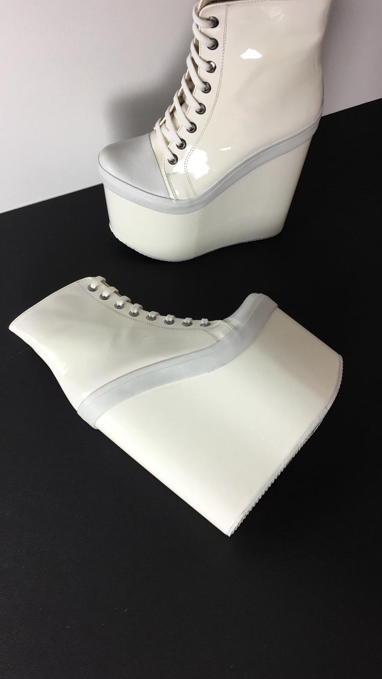 Stylish White Lace Up Ankle Wedge Booties - Tajna Club