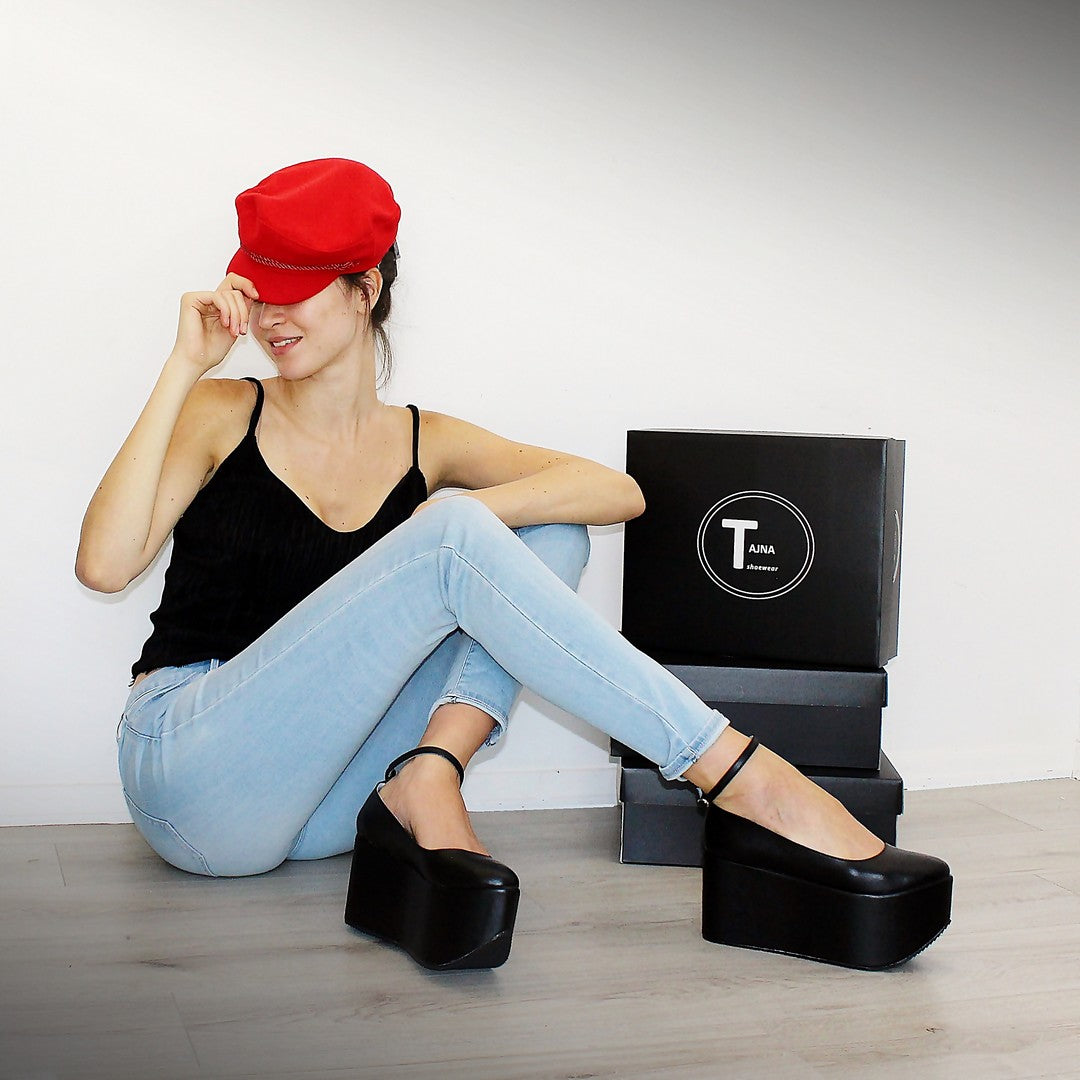 Ankle Strap Black Flat Wedge Platform Shoes - Tajna Club
