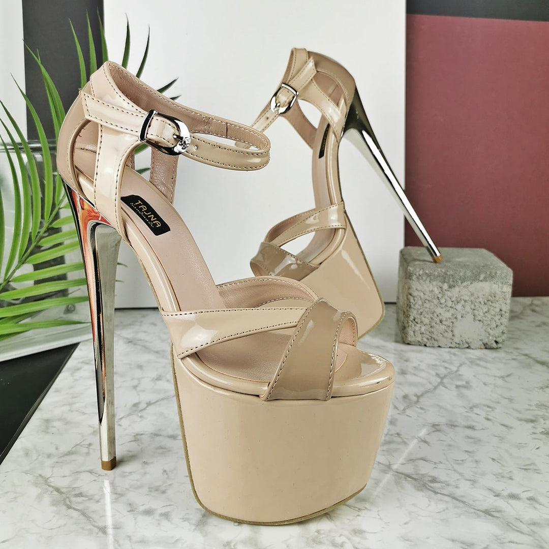 Nude Beige Patent Ankle Strap Dia Heels - Tajna Club