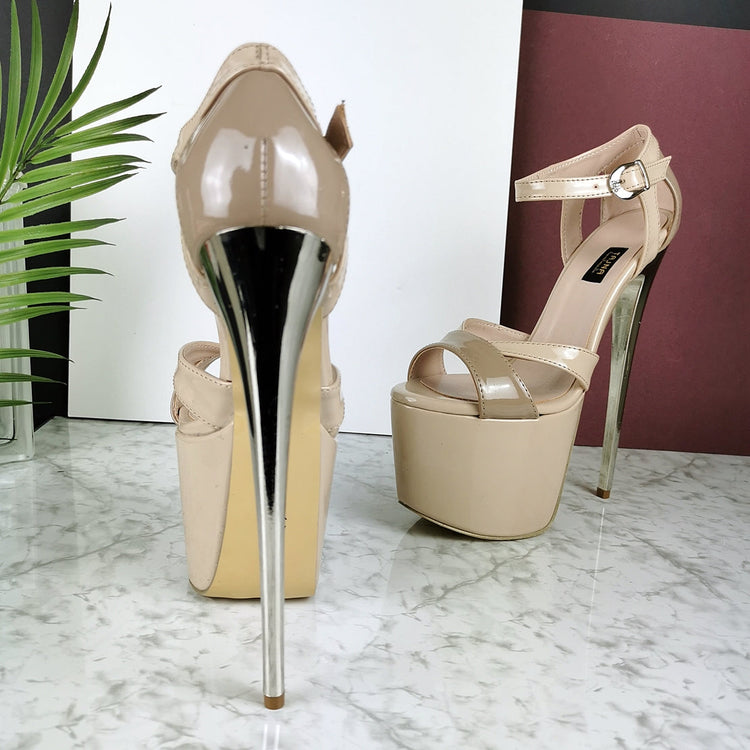 Nude Beige Patent Ankle Strap Dia Heels - Tajna Club