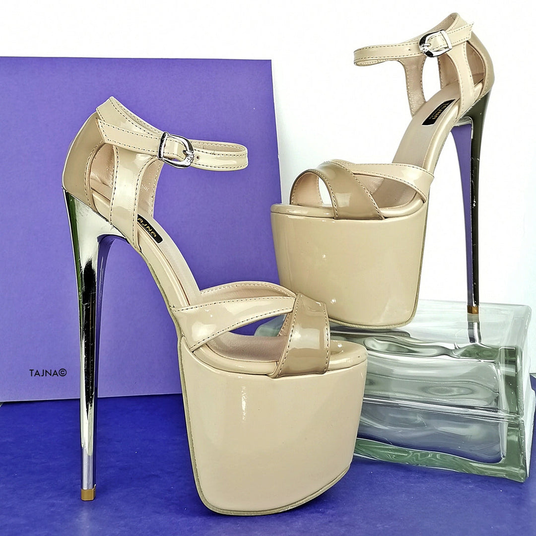 Nude Beige Patent Ankle Strap Dia Heels - Tajna Club