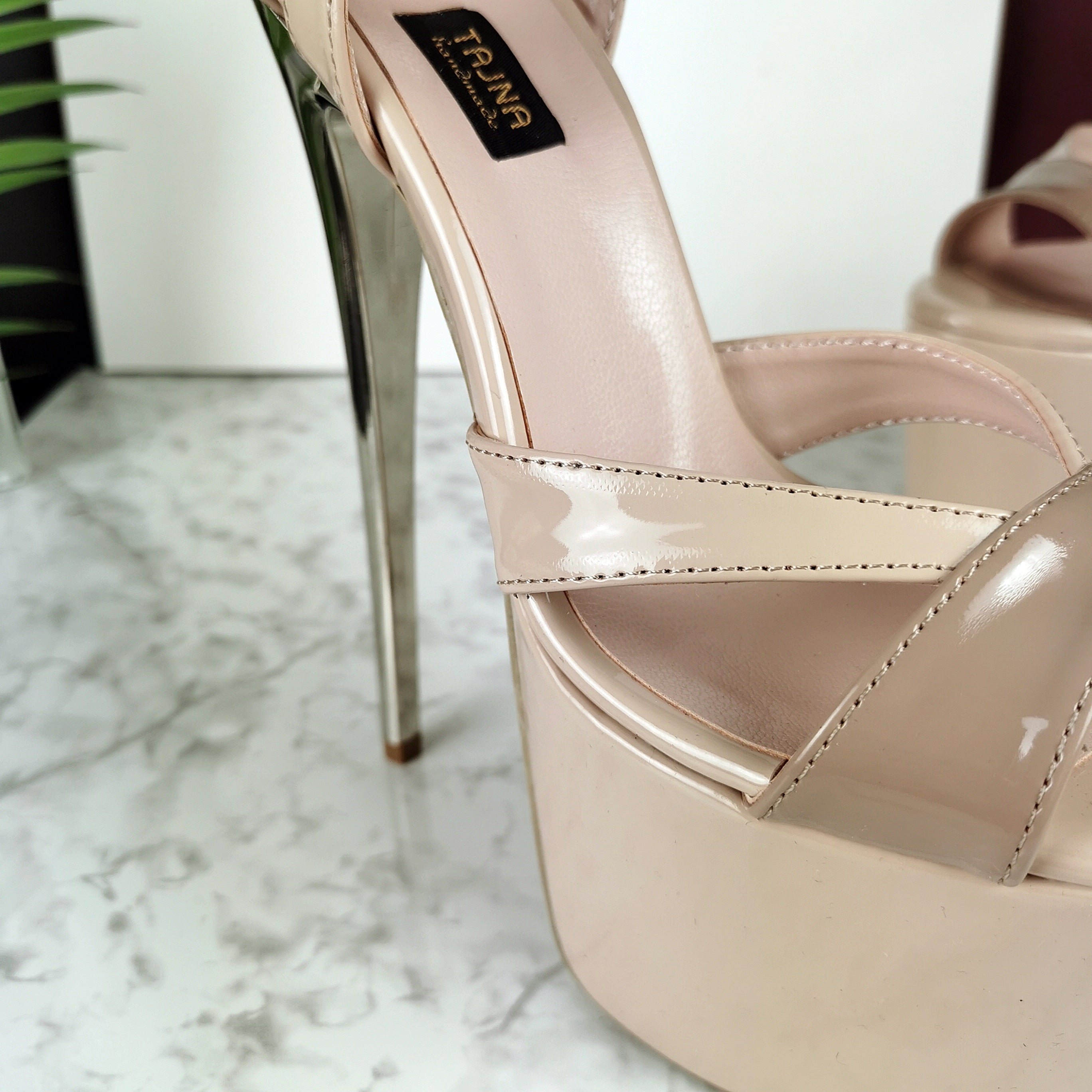 Nude Beige Patent Ankle Strap Dia Heels - Tajna Club