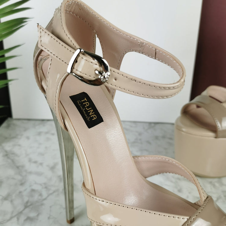 Nude Beige Patent Ankle Strap Dia Heels - Tajna Club