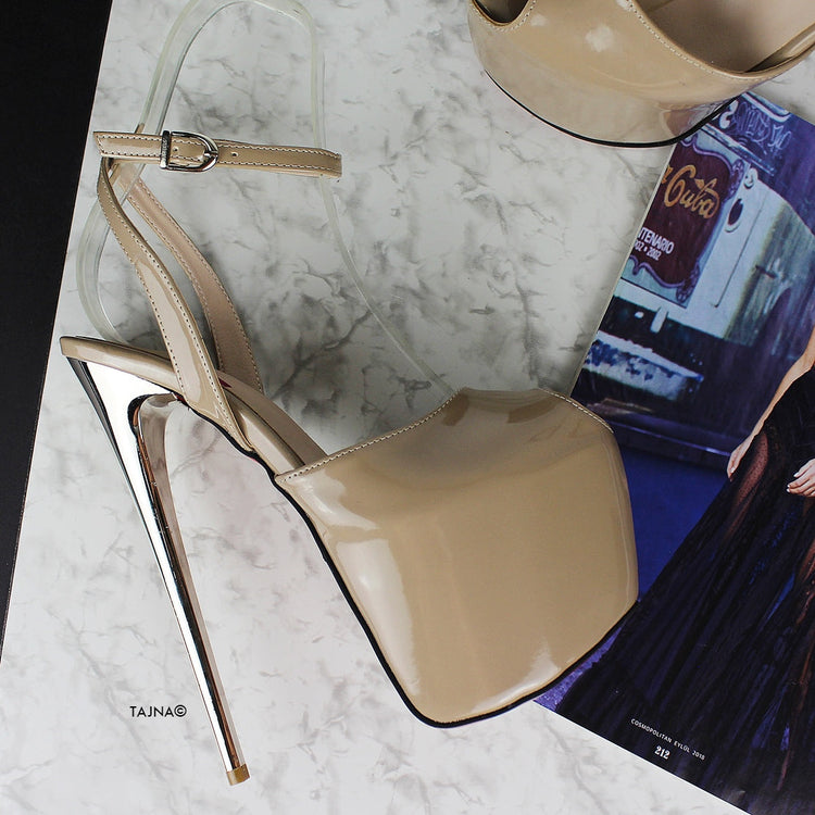 Nude Beige Gloss Fishmouth Roman Heels - Tajna Club
