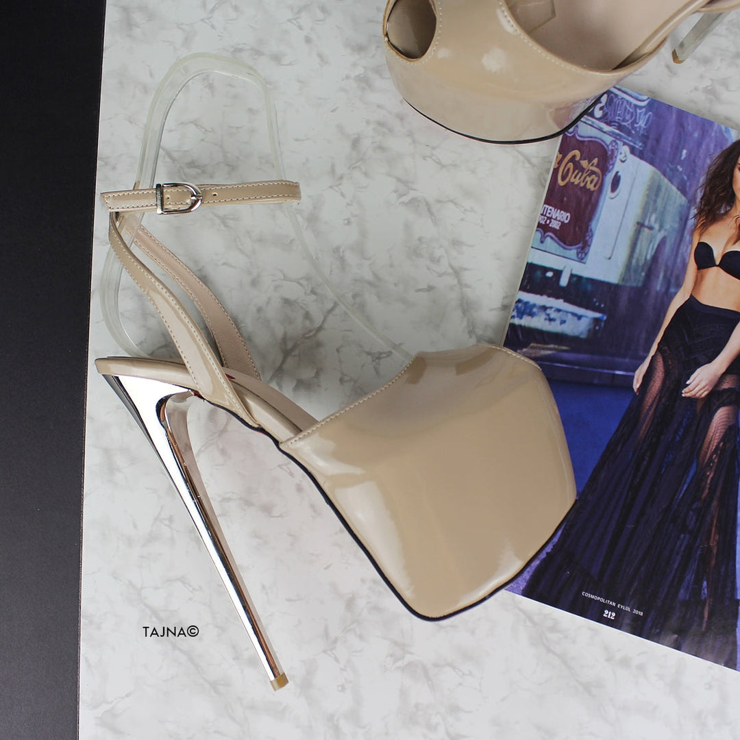 Nude Beige Gloss Fishmouth Roman Heels - Tajna Club
