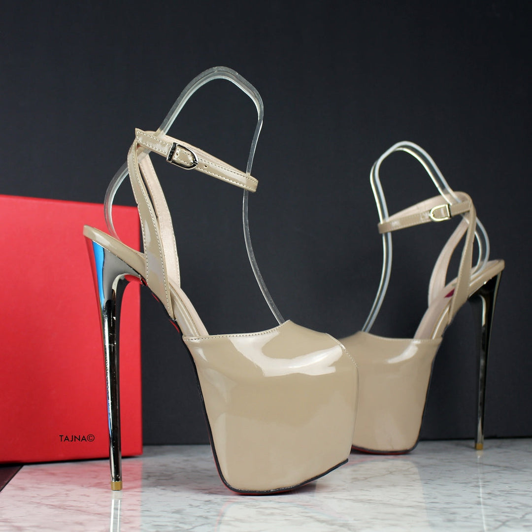 Nude Beige Gloss Fishmouth Roman Heels - Tajna Club