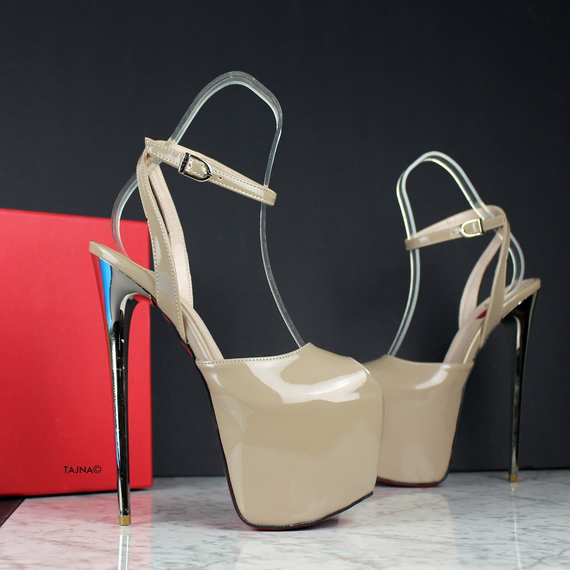 Nude Beige Gloss Fishmouth Roman Heels - Tajna Club