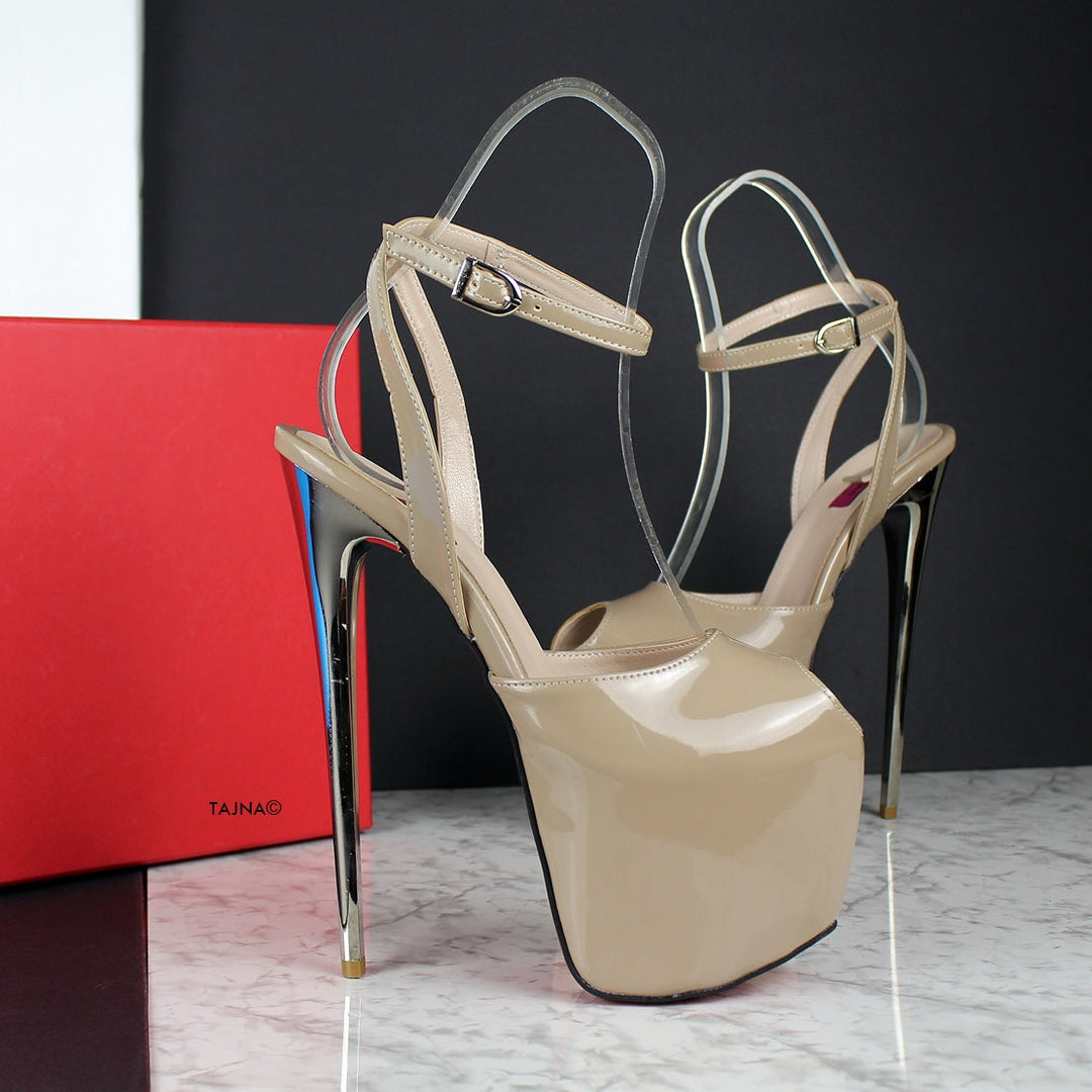 Nude Beige Gloss Fishmouth Roman Heels - Tajna Club