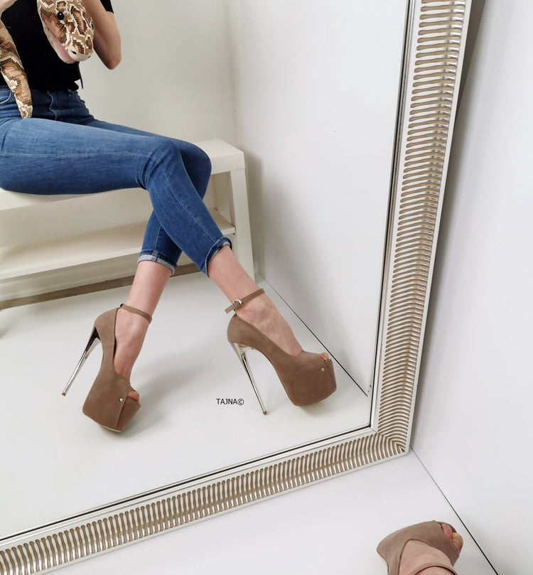 Beige Suede Ankle Strap Metallic Heels - Tajna Club