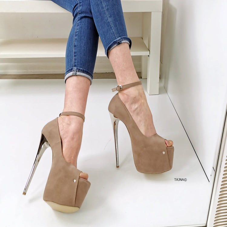 Beige Suede Ankle Strap Metallic Heels - Tajna Club