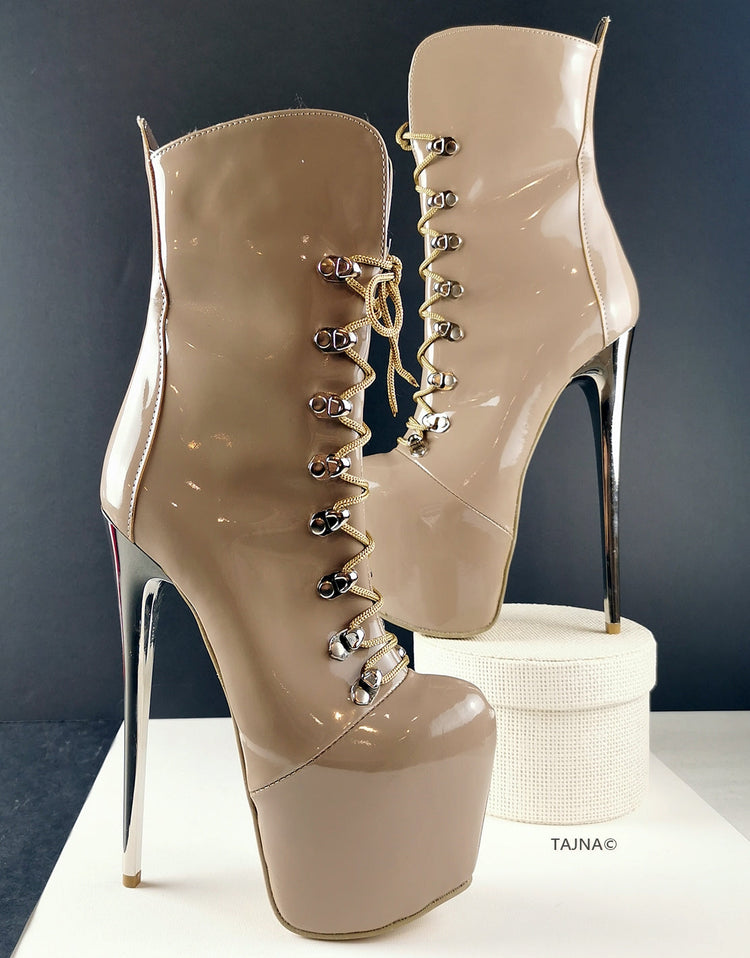 Beige Patent Military Lace Up Ankle Boots - Tajna Club